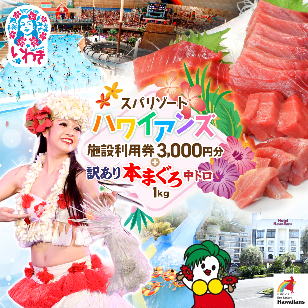 スパリゾートハワイアンズ　施設利用券3,000円分＋本マグロ訳あり中トロ1kg　解凍レシピ付　本マグロのトロ食べ放題！ | 利用チケット 入場券 ホテルハワイアンズ モノリスタワー ウイルポート フラダンス プール スパ 福島県 いわき市 マウナヴィレッジ ゴルフコース 株式会社東日本貿易 本まぐろ マグロ トロ 刺し身 さしみ 海鮮 | ZZ023