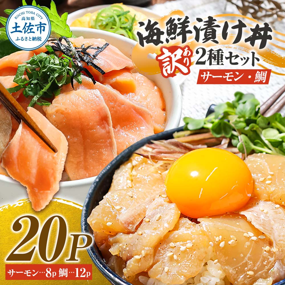 訳あり 海鮮漬け丼 タイ12P・サーモン8Pセット 1袋60g 真鯛 タイ サーモン 詰め合わせ お茶漬け 醤油 漬け 食べ比べ おつまみ 惣菜 鯛茶漬け 魚介類 海鮮 新鮮 天然 美味しい 活き締め 冷凍 配送