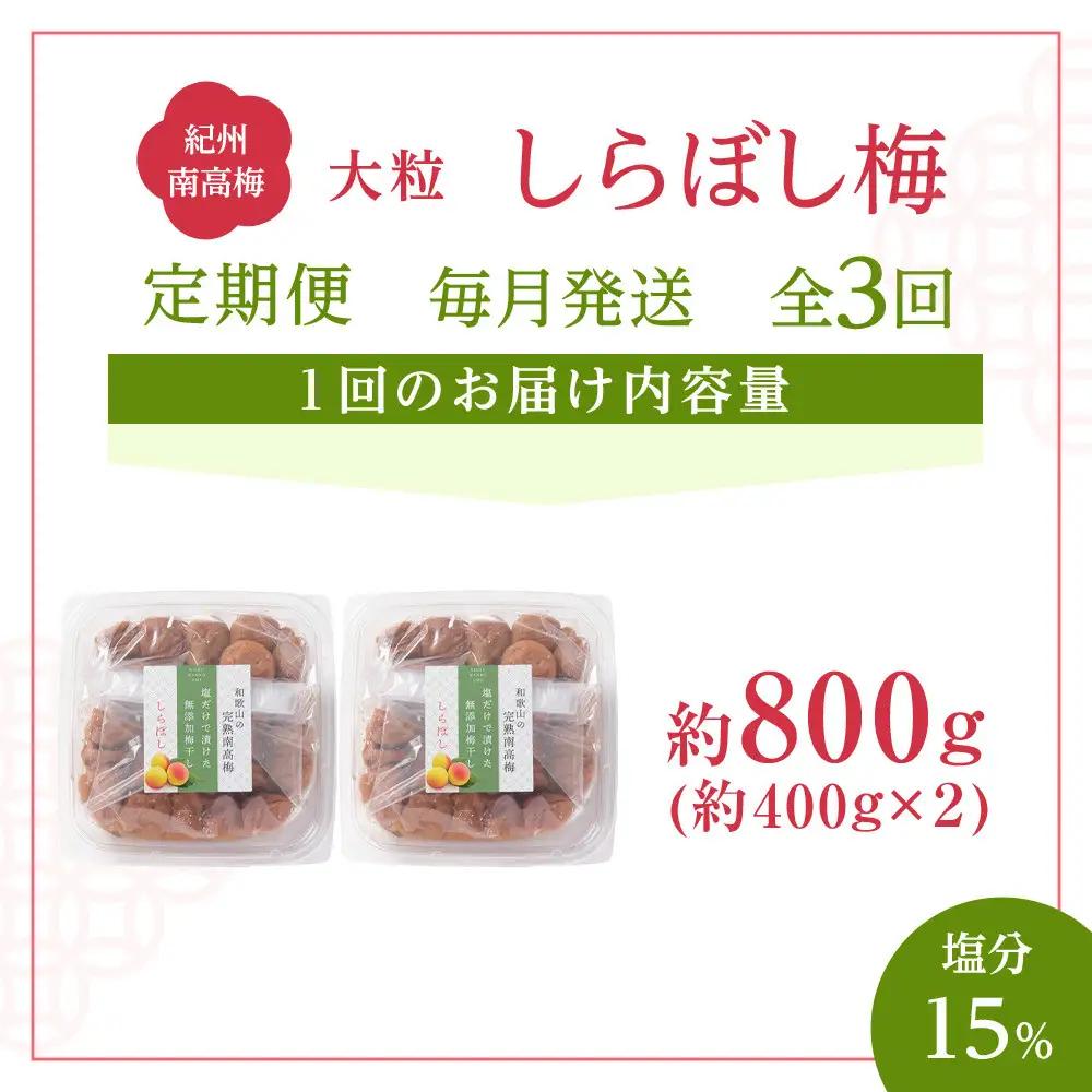 梅干し しらぼし梅  約800g（約400g×2） 塩のみ 無添加 大粒 紀州南高梅 塩分約15％ 和歌山県産 [ 定期便 毎月発送・全3回 ]