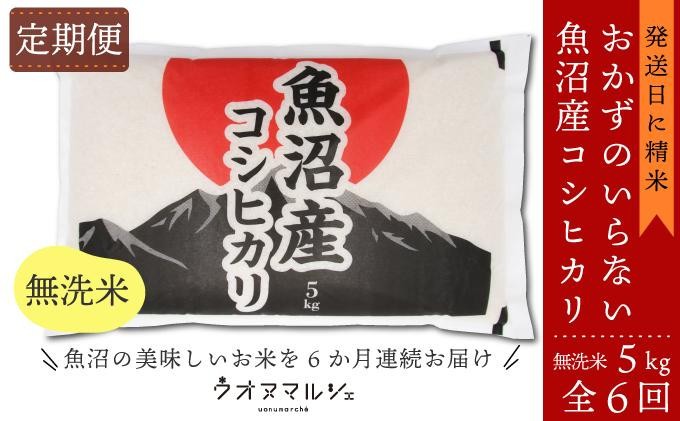 
                  【令和8年産新米予約】【お米定期便/全６回】おかずのいらない 魚沼産コシヒカリ　無洗米５ｋｇ【定期便 銘柄米 ブランド米 無洗米 こしひかり コシヒカリ 魚沼産 新潟米 産地直送 お米 米】【2026年9月下旬より1ヶ月以内に順次発送予定】
                
