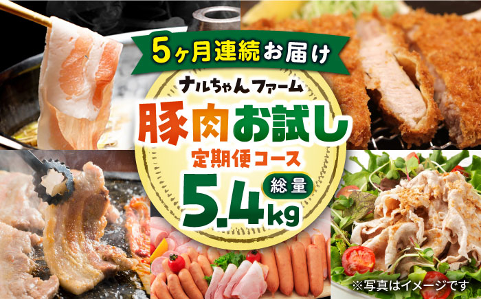 
【5回定期便】ナルちゃんファーム豚肉お試しコース 総量5.4kg（豚肉しゃぶしゃぶ・スライス・焼肉・とんかつ計4kg ハムセット1.4kg）/ 豚肉 ロースハム ハム はむ ウインナー ういんなー ソーセージ そーせーじ フランク 豚ロース ロース ろーす 豚モモ モモ もも 豚バラ バラ 焼肉 しゃぶしゃぶ スライス 豚肉定期便 / 大村市 / おおむら夢ファームシュシュ[ACAA075]
