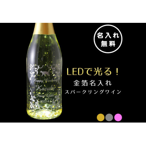 LEDで光る！金箔舞う猫の名入れ彫刻スパークリングワイン【スパークリングワイン 金箔 彫刻ボトル プレゼント ギフト 就職祝い 誕生日 父の日 母の日 結婚祝い 新築祝い】（HW-9）