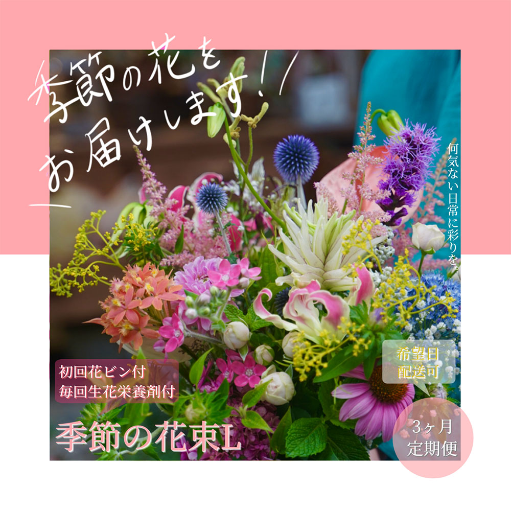 【CF-R5frp】t157tmf　《3ヵ月定期便》生花花束 ブーケ 初回花瓶付L 定期便 定期コース 全3回 初回花瓶付き 延命剤付き 花びん 生花 花束 ブーケ 花 お花 おすすめ 可愛い キレイ おしゃれ 季節のお花 供花 お供え<br>