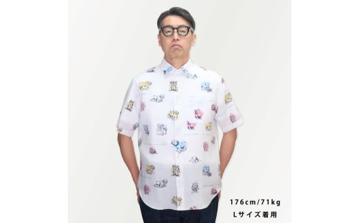 麻100％ブルドック柄プリント半袖シャツ L オリジナル柄 ブルドック柄 プレミアム生地 シャツ 服 清潔感 夏 旅行 リラックス リラックスタイム ギフト プレゼント 贈り物 友人 家族 東京 新宿 0139-002-S06-2