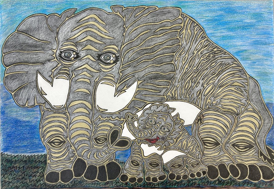 
            絆（きずな）｜三宅剛 ペン画アート　【原画／親子の象・優しさと生命のつながり】
          