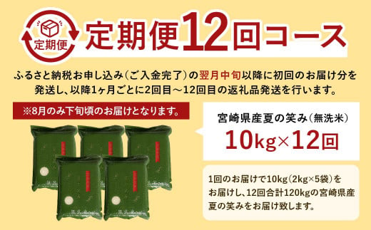 ＜【12ヶ月定期便】令和6年産 宮崎県産 夏の笑み（無洗米）2kg×5袋 計10kg（真空パック）＞お申込みの翌月中旬以降に第1回目発送（8月は下旬頃） 米 夏の笑み 無洗米 精米 希少 品種 白米 