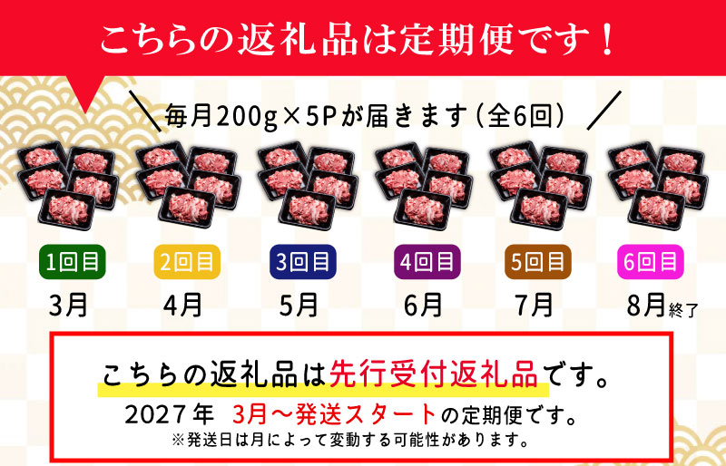 家庭用 松阪牛 小間切れ 200g×5P 定期便 全6回 選べる 内容量 国産 和牛 牛肉 小間切れ ブランド牛 小分け 冷凍 2027年3月発送 令和9年 先行予約 来年 3月 毎月 お届け SS1