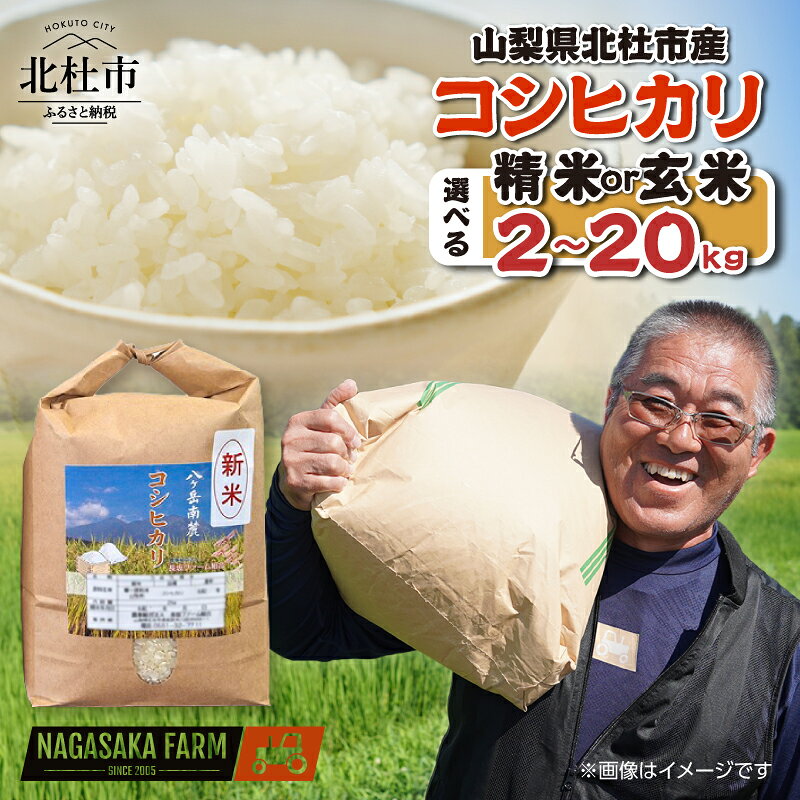 【ふるさと納税】 山梨県北杜市産 コシヒカリ 【令和8年度米】先行予約 新米 お米 米 選べる種類 精米 玄米 選べる容量 2kg 5kg 10kg 20kg おいしい 粘り 上品な甘さ つや お弁当 おにぎり 山梨県 北杜市 送料無料 10000 以内