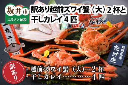 【先行予約】訳あり≪茹で≫越前ズワイ蟹(大) 2杯 と 干しカレイ 4匹【2026年1月～3月発送予定】 [O-1603]