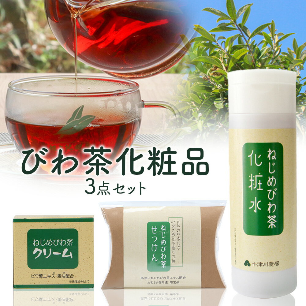 【ふるさと納税】びわ茶化粧品3点セット TO-7 | スキンケア クリーム 石けん 化粧水 ポリフェノール トルマリン石 低刺激 界面活性剤 保存料 着色料 不使用 びわ葉エキス 馬油 プラセンタエキス ヒアルロン酸 産地直送 鹿児島県 南大隅町 十津川農場