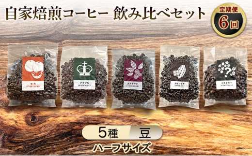 【厳選5種の6ヶ月定期便】芳醇なフルーティー＆ビター飲み比べセット・自家焙煎コーヒー (ハーフサイズ豆)(モカ143g×2、ブラジル125g、グァテマラ111g、コロンビア120g、インドネシア164g) 珈琲