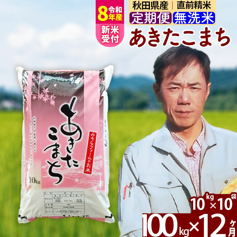 【ふるさと納税】※R8産新米予約※ 《定期便12ヶ月》秋田県産 あきたこまち 100kg【無洗米】(10kg袋) 2026年産 令和8年産 お届け周期調整可能 隔月に調整OK お米 みそらファーム [みそらファーム 秋田 お米 あきたこまち 米どころ]
