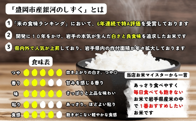 ★岩手の本気が生んだ米★『定期便6ヵ月』銀河のしずく《特A 6年連続獲得中!》【無洗米】5kg 令和6年産 盛岡市産 ◆発送当日精米・1等米のみを使用したお米マイスター監修の米◆