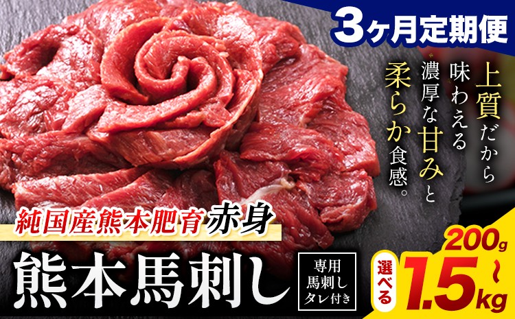 
                  【3ヶ月定期便】馬刺し 赤身 馬刺し 選べる内容量 200g 300g 400g 500g 1kg 1.5kg【純 国産 熊本 肥育】たっぷり タレ付き 生食用 冷凍《お申込み月の翌月から出荷開始》送料無料 国産 絶品 馬肉 肉 ギフト 定期便
                