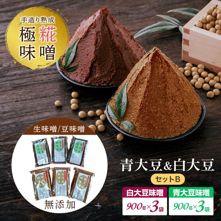 【ふるさと納税】手造り熟成極糀味噌 青大豆＆白大豆セット B 青大豆味噌900g×3袋 白大豆味噌900g×3袋 みそ 生味噌 豆味噌 無添加 茨城県 味噌 蔵元直送 麹みそ 長期熟成 国産 常陸大宮市産米 大豆 自然塩100％ 袋入 蔵出し 手作り 【オノセダイコク（株）】 【ho1252】