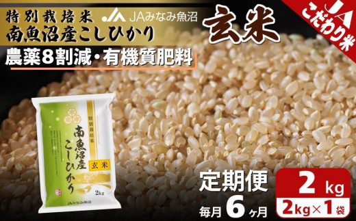 
                  【JAみなみ魚沼定期便】特別栽培米南魚沼産こしひかり8割減玄米（2kg×全6回） ≪農薬8割削減 有機肥料 調整玄米 精選玄米 特A獲得日本一産地 もっちり甘い 南魚沼産コシヒカリ 定期便 コシヒカリ こしひかり 銘柄米≫
                
