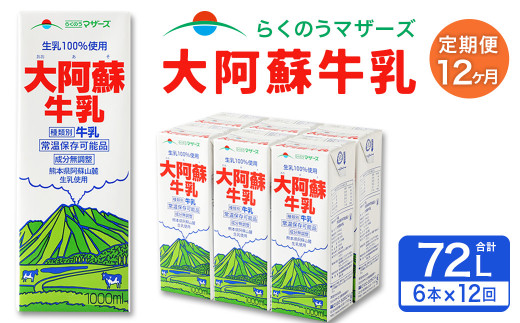 
【12ヶ月定期便】大阿蘇 牛乳 1L×6本×12回 合計72L 1000ml 紙パック ミルク 成分無調整
