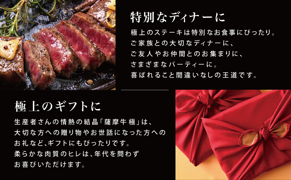 鹿児島県産黒毛和牛「薩摩牛 極」ヒレステーキ 4枚 計600g 国産牛 牛肉 A5 赤身 希少部位 プレミアム グルメ 焼肉 バーベキュー BBQ レア フィレ ブランド牛 お祝い ご褒美 贅沢 カミ