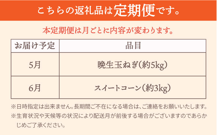 【先行予約 2027年5月～発送】【2回定期便】農家直送！晩生玉ねぎとスイートコーンの定期便【玉葱農家 陣内ちひろ】コーン とうもろこし とうきび タマネギ 玉葱 玉ネギ 野菜 定期便 セット 晩生 