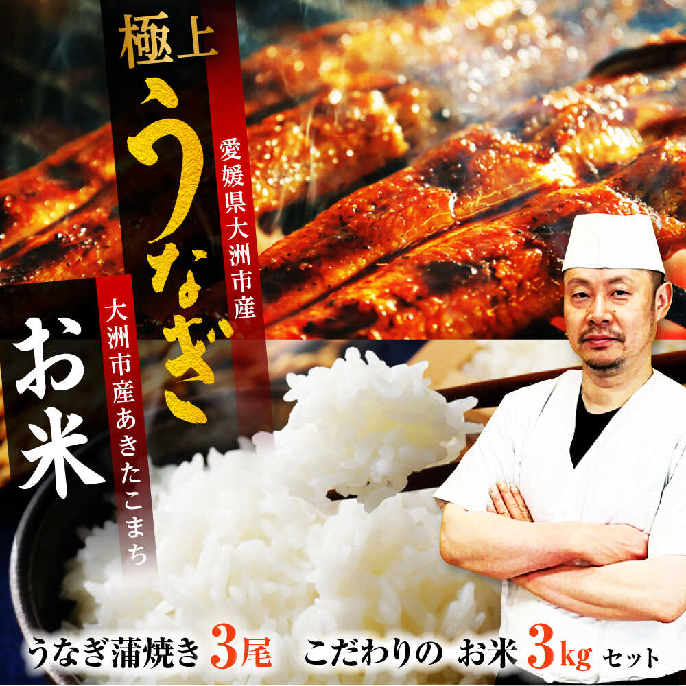 【ふるさと納税】 うなぎ 蒲焼き 3尾 と 地元生産者 こだわり の お米 3kg セット 大洲市/有限会社 樽井旅館[AGAH005] うなぎ 国産 鰻 うな丼 鰻丼 うな重 鰻重 かば焼き 蒲焼 おこめ お米 セット 大洲市産 おすすめ 人気 お取り寄せ 送料無料 贈答 ギフト