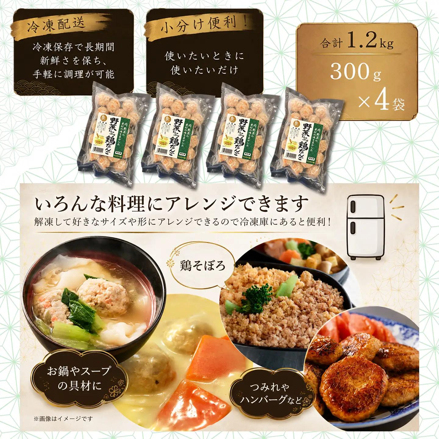 野菜たっぷり鶏だんご 合計1.2kg（300g入り×4袋）　冷凍 生団子（加熱前） 鍋用