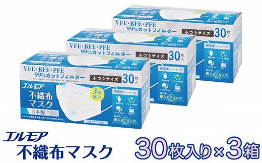 
                  【指定日配送】エルモア  マスク 不織布 日本製 国産 普通 ふつう サイズ 30枚 3箱 90枚 3層 日用品 消耗品 備蓄 防災 送料無料 愛媛県 【四国中央市 日本一 紙のまち】
                