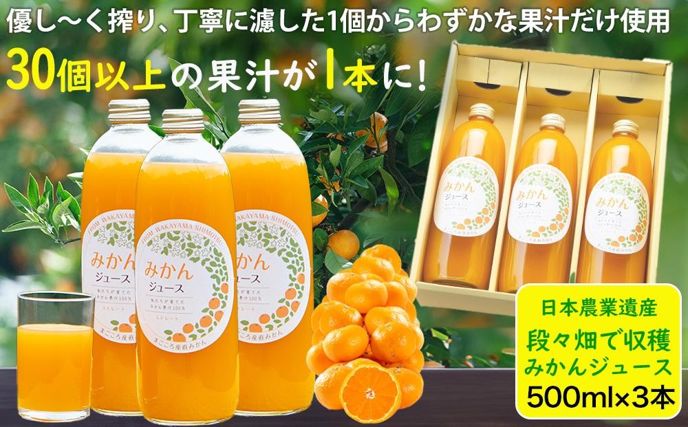 
                  【 ギフト のし 専用】和歌山県 海南市産 下津蔵出しみかん ジュース 500ml×3本 果汁100% ストレート果汁 農園直送 まごころ産直みかん  贈答 手土産 のし ギフト 贈り物 プレゼント
                