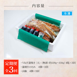 田野町産うなぎの蒲焼き(大) 4尾×3回 定期便 3ヶ月 定期コース 1尾あたり120～150g タレ付き 山椒付き うなぎ 鰻 ウナギ 蒲焼き かば焼き 無頭 おいしい 国産 お取り寄せ 冷凍 配送
