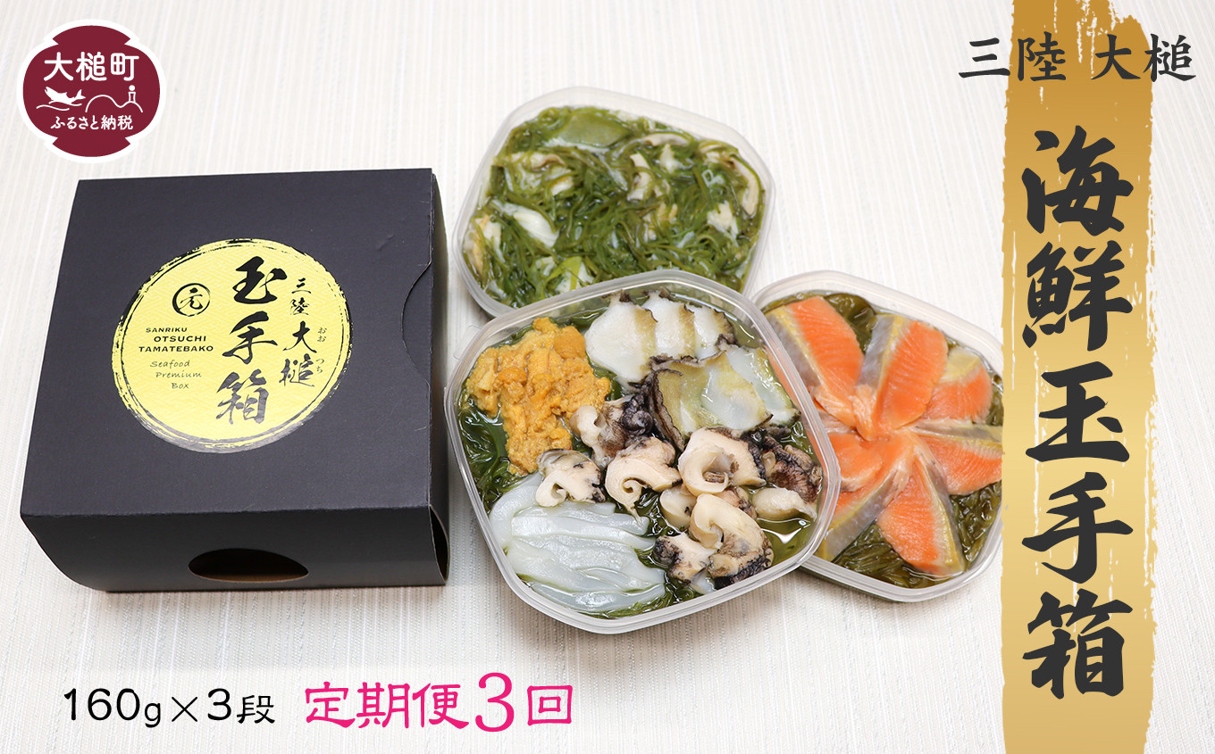 
                  【3ヶ月定期便】【ご贈答】 三陸 玉手箱 計480g前後 (160g前後×3段) 計3回お届け おせち 人気｜冷凍 小分け 食べきり 化粧箱 熨斗 のし お取り寄せ ギフト 海宝 味付 漬 海鮮丼 どんぶり ドン 岩手 いわて iwate
                