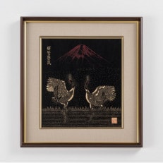 伊勢型紙色紙額　『赤富士に向鶴』