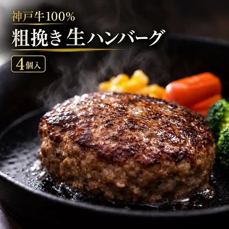 ハンバーグ 神戸牛 100% 粗挽き 生ハンバーグ 4個入 最短4日以内発送