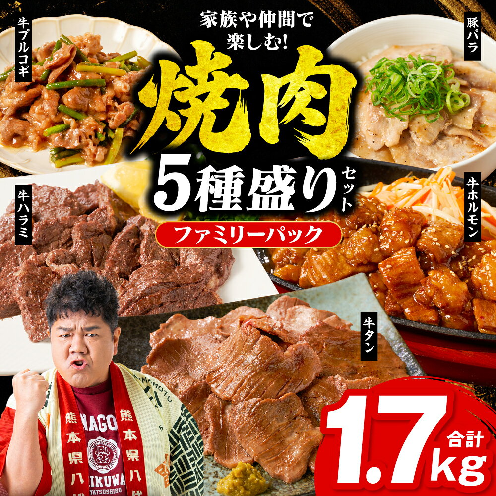 【ふるさと納税】令和8年熊本地震復興支援 【訳あり】焼肉 セット 5種盛り 計1.7kg 食べ比べ タン ハラミ ホルモン プルコギ 豚バラ 味付き 牛タン 牛肉 豚肉 冷凍 焼き肉 人気 BBQ オリジナルのタレ バラエティ豊富 ファミリーパック 晩酌 ビールのお供 送料無料