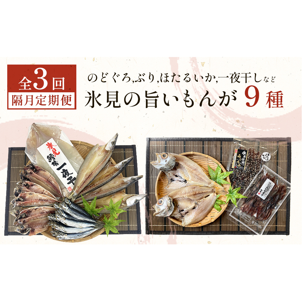 【定期便全３回隔月お届け】 「のどぐろ」「氷見ぶり」「ほたるいか」「氷見産一夜干し」など氷見の旨いもんが９種！ 富山県 氷見市 ノドグロ ホタルイカ ブリ 魚介 冷凍 詰め合わせ