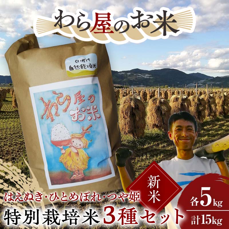 【ふるさと納税】 【令和8年産 新米 先行予約】 【わら屋のお米】 特別栽培米3種セット 「はえぬき・ひとめぼれ・つや姫」 各5kg (計15kg) 《令和8年10月下旬～発送》 『おがわ藁農園』 米 白米 精米 ご飯 農家直送 セット 食べ比べ 山形県 南陽市 [2170-R8]