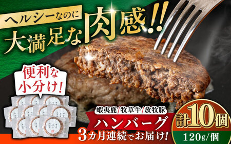 【全3回定期便】【蝦夷鹿×牧草牛×放牧豚】ハンバーグ 10個《厚真町》【GOODGOOD株式会社】 ハンバーグ 鹿肉 牛肉 豚肉 小分け 冷凍配送 北海道[AXBP031]
