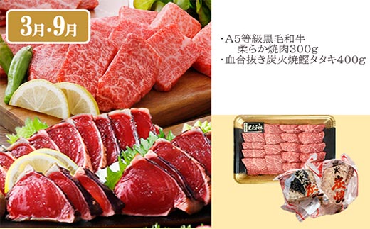 定期便(6回配送)【当店限定】ごちそうまんきつセット(黒毛和牛 黒豚 まぐろetc) FF-6004 【1492208】 _ 定期便 牛肉 かつお まぐろ 鮪 肉 ステーキ ロース 切り落とし たたき