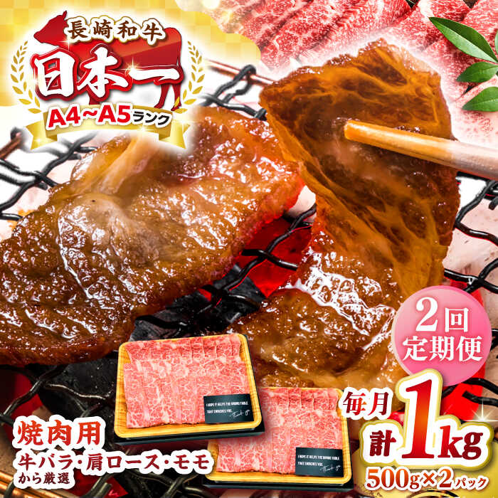【ふるさと納税】【全2回定期便】【A4〜A5ランク】長崎和牛 焼肉用 1kg（500g×2パック）《壱岐市》【株式会社MEAT PLUS】肉 牛肉 黒毛和牛 焼き肉 焼肉 焼肉用 ギフト 贈答用 ご褒美 冷凍配送 A4 A5[JGH111]