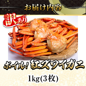 ＜土日祝着※指定日不可＞＜6月～9月中旬発送不可＞＜訳あり＞紅ズワイガニ ボイル(1kg・3枚)海鮮 かに カニ 蟹 紅ズワイガニ 紅ずわいがに ずわいがに ズワイガニ ボイル 海の幸【sm-DD05