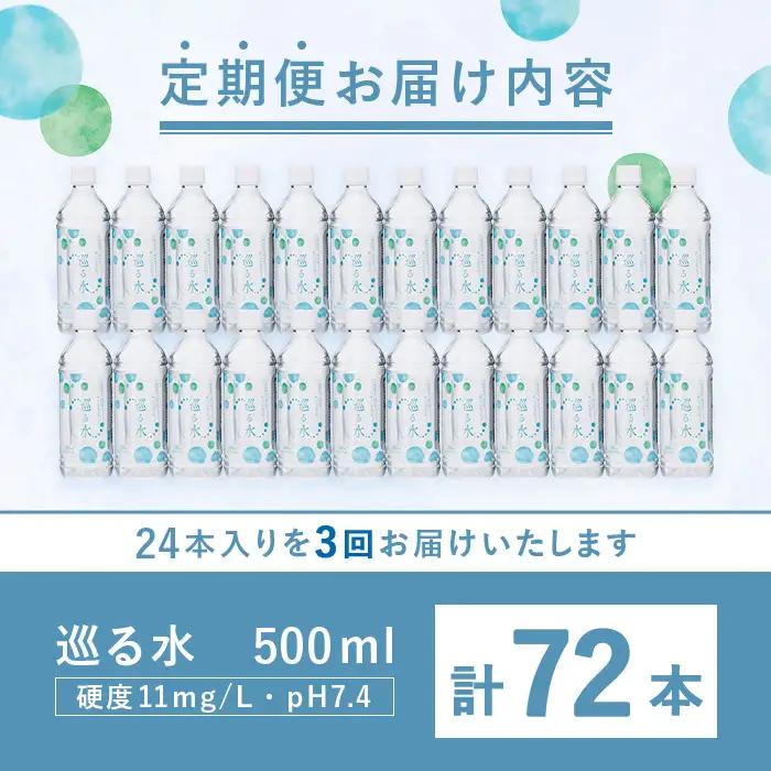 ＜定期便・全3回 (毎月)＞ ナチュラルミネラルウォーター 巡る水 500ml (計72本・3回定期) 国産 お水 ミネラル 天然 料理 健康 維持 防災 常温 保存 【HD256】【さいき本舗 城下
