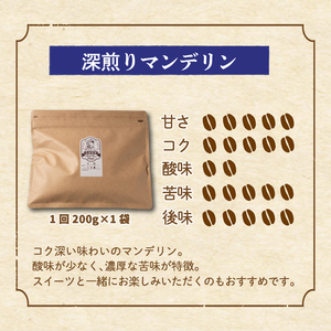 コーヒー 定期便 200g × 3回 【 豆 】 (坊っちゃん珈琲深煎りマンデリン) 自家焙煎 コーヒー 坊っちゃん珈琲 新鮮 愛媛県 松山市【CK016】