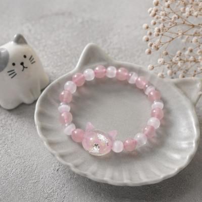 ふるさと納税 奈良市 猫玉ホタルガラスの天然石ブレスレット|ローズクオーツ&amp;キャッツアイ|レディースサイズ