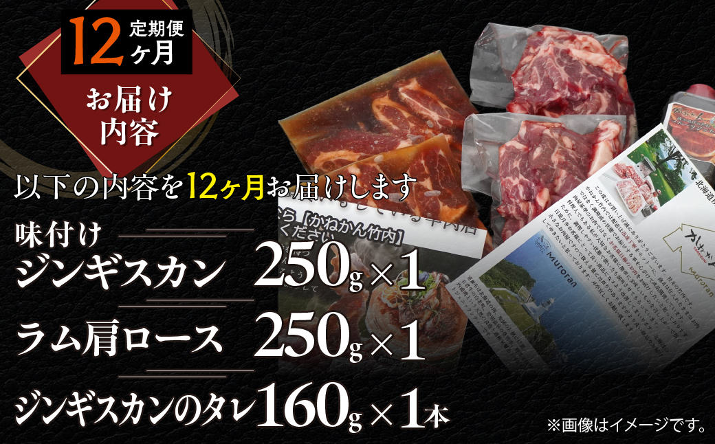 【12ヶ月定期便】味付けジンギスカン250g×1 ラム肩ロース250g×1 セット MROA339 １２回 各１パック(味付けジンギスカン250g､ラム肩ロース250g)