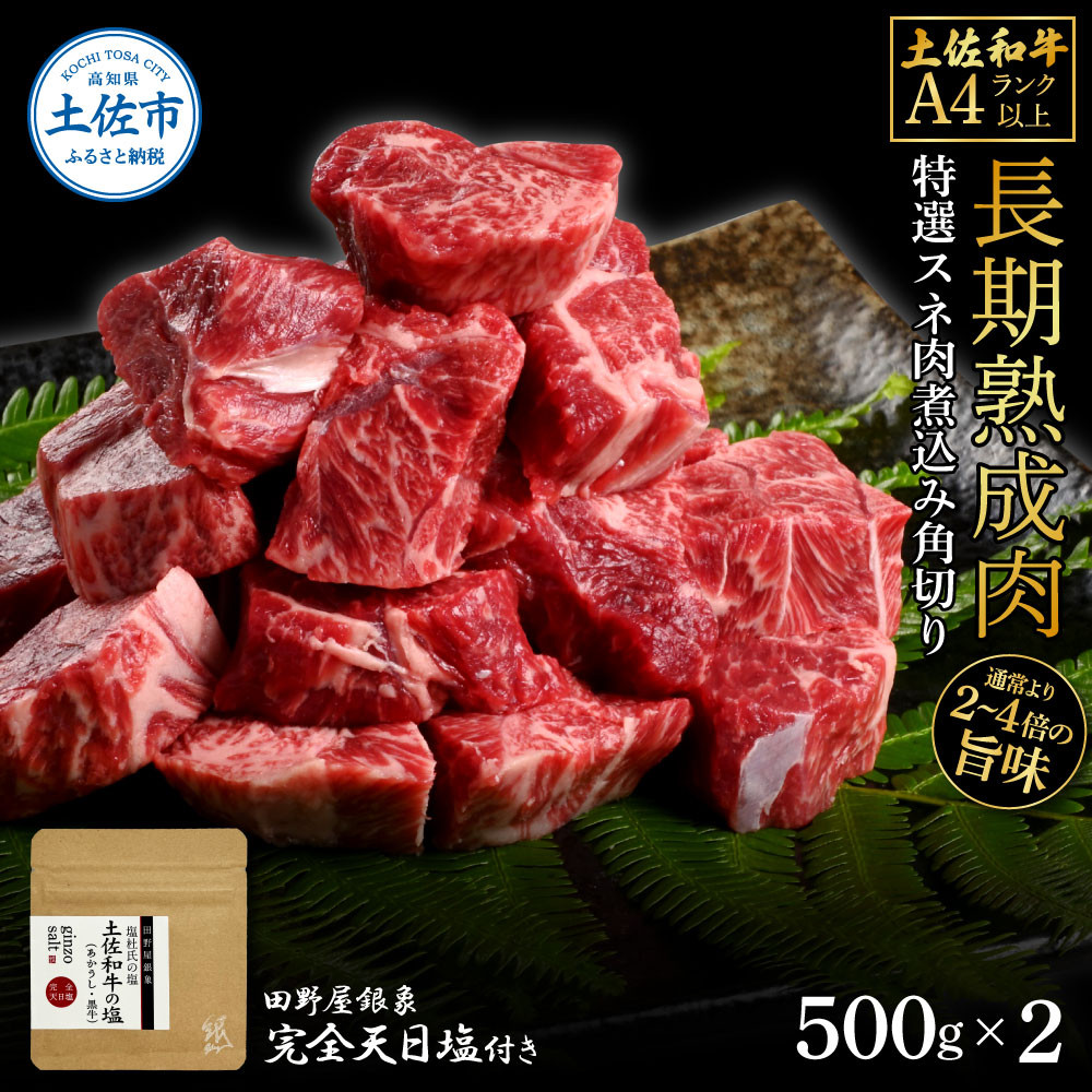 
                  土佐和牛 特選スネ肉煮込み角切り 500g×2（田野屋銀象完全天日塩2P付き） スネ肉 すね肉 和牛 牛肉 煮物 熟成肉 土佐 高知県産 ギフト 高知県 土佐市【株式会社LATERAL	】[BQAU046]
                