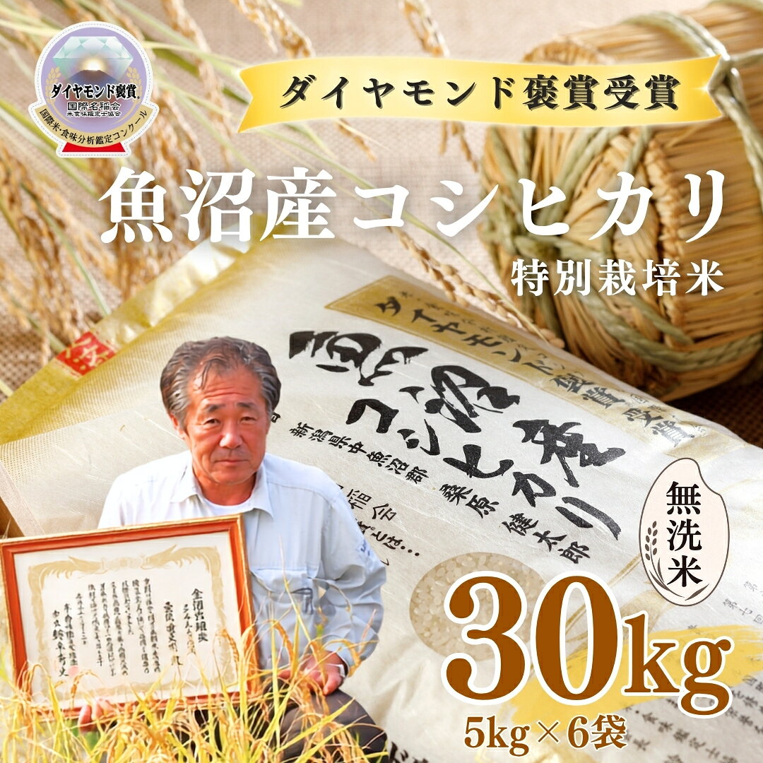 【ふるさと納税】【令和8年産先行予約】無洗米 30kg ( 5kg × 6袋 ) 最高級 魚沼産 コシヒカリ 特別栽培米 ダイヤモンド褒賞受賞 選べる配送回数 | こしひかり お米 おこめ こめ コメ 白米 無洗米 新潟県 津南町