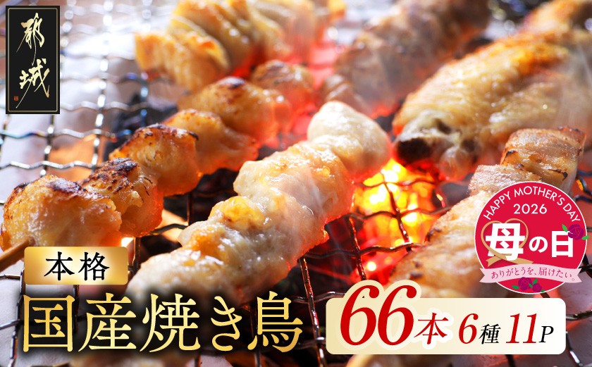 
                  【母の日】職人串打ちの本格焼き鳥66本!!≪5月7日～10日お届け≫_MJE-33-014-66-MG_(都城市) 焼鳥串 生冷凍串 冷凍生肉 もも 皮 手羽 小肉 砂肝 ぼんじり ねぎま ハラミ せせり ささみ つくね ふりそで 6本入り 11P 計2.1kg やきとり 焼き鳥 BBQ 鶏肉 国産 小分け 母の日
                