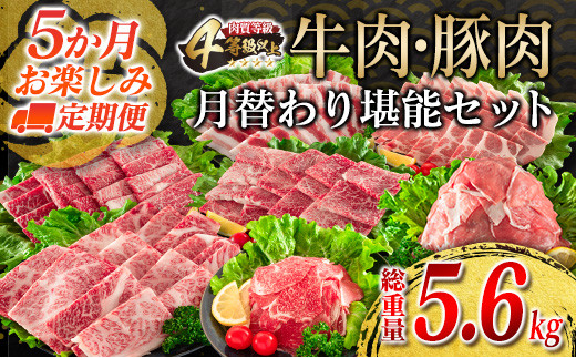 【令和6年12月から毎月配送】5か月定期便 月替わりで堪能!! 牛肉 豚肉 焼肉 セット 豚バラ 肩ロース モモ ウデ 総重量5.6kg 国産 食品 おかず BBQ バーベキュー 小分け 宮崎牛 黒毛和牛 小間切れ 赤身 A4 A5 高級 グランピング お弁当 おすすめ 人気 宮崎県 日南市 送料無料_IG3-23-K