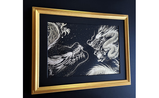 「一筆銀双龍」絵師白道 作｜絵画 アート インテリア 手描き [0623]