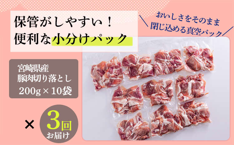 【定期便3ヶ月】宮崎県産豚肉切り落とし合計6kg(6000g) ひと月に200gの小分けパック10袋お届け! [国産 日本産 お肉 『おいしい特産品を詰め込んだ定期便特集』-宮崎県高原町]  TF0686-P00020