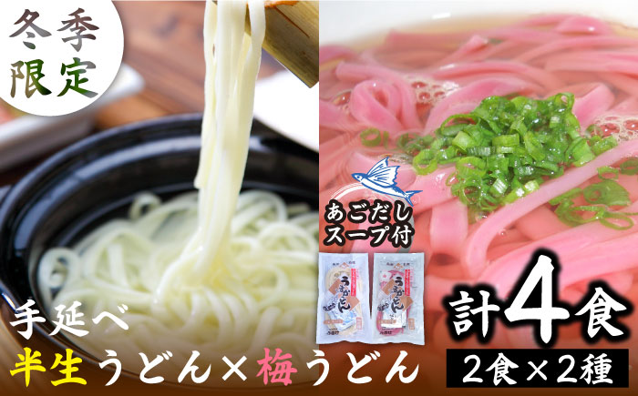 【 冬季 限定 】 手延べ 半生 うどん 梅うどん 2食×2袋 あごだし スープ付/ 南島原市 / ふるせ [SAQ007]