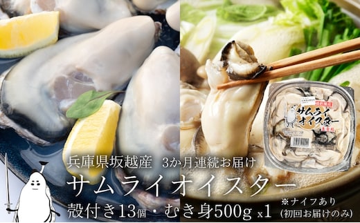 
										
										牡蠣 定期便 生食 坂越かき むき身 500g×1、 殻付き 13個(牡蠣ナイフ・軍手付き)3ヵ月連続お届け 生牡蠣 冬牡蠣
									